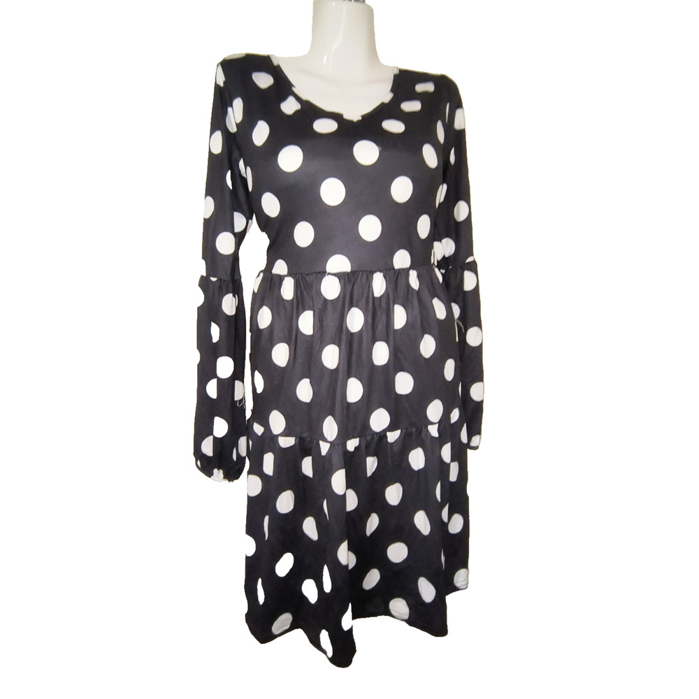 KOJOOIN Women’s Black Long Sleeve White Polka Dot Dress Size XL W004
